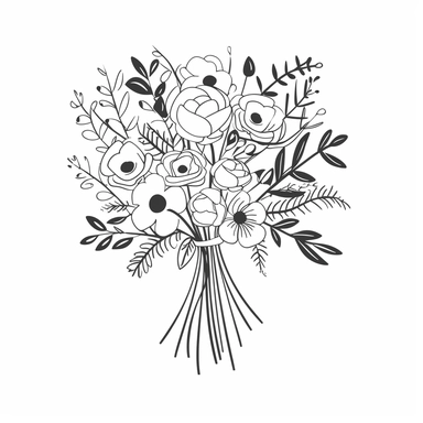 vector illustration, hand drawn, simple floral bouquet, silhouette, outline svg, clipart, basic wedding bouquet, all white background