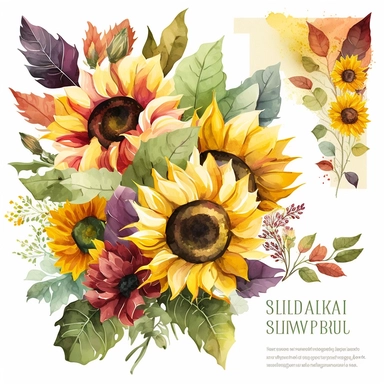 Design a sunflower bouquet clip art with a vibrant watercolor style. Create a composition that includes multiple sunflowers arranged in a bouquet with lush green leaves. Use a mix of warm colors like yellow, orange, and red to create a cheerful and lively artwork. Ensure the bouquet stands out against the white background, 8k