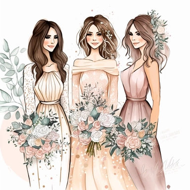Best Friends wedding Fashion Illustration Clipart, high resoulution format,bride and bridesmaids png file