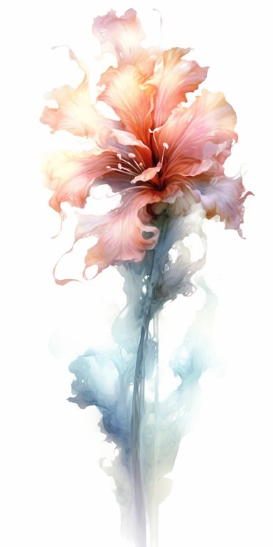 Watercolor Painting of SINGLE STEAM WILD FLOWER on white background beautiful multi - headed pale, Flora Design Patterns, Flemish Baroque by Rachel Ruysch, Behance, Rococo, Intricate Detailed, Soft Light Effect, Oil Paint Strokes, Light Academia Aesthetic Flowers, Lighting cinematic, all shown shimmering stamens, tyndall light, light effect, texture, colorful, 8k, fantasy, ray tracing, depth of field, vivid, spectacular lighting, octane rendering, highly detailed, ultra - realistic, white backgr