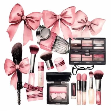 Bridal party clipart, seperate items, lipstick, blush, makeup brushes, eyeshadow pallets, mascara, pink gift boxes with bows, white background, q2