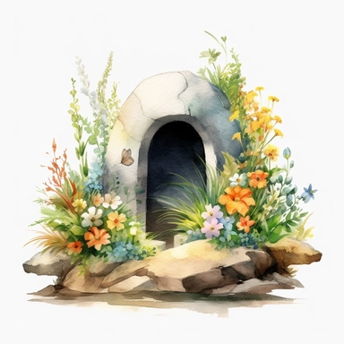 A photorealistic watercolor clipart illustration of a high-definition Empty Tomb, adorned with ultra-realistic flowers, greenery, and butterflies, isolated on a white background, in the style of ultra-detailed watercolor clipart illustrations, hyperrealistic watercolor clipart illustrations, UHD watercolor clipart illustrations, religious watercolor clipart illustrations, intricately detailed watercolor clipart illustrations, flawless watercolor clipart illustrations, beautiful watercolor clipar