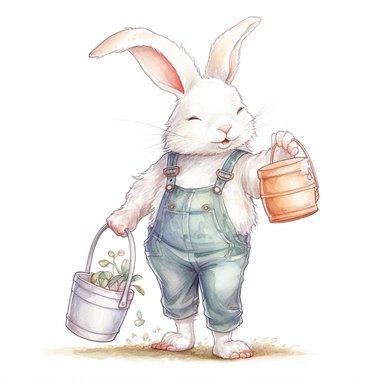 Cute fluffy white rabbit clipart,3 years old,smile expression,wear farmer jumpsuit and holding milk churn,walking pose, side view, in the style of watercolor cartoon clipart, kate greenaway style,pixar style, high resolution, composition free space, pastel color scheme, soft and tender, watercolour clipart, watercolor illlustration for kids and children,isolated white background, clipart most popular on etsy, book illustration, featured on dribble,print on demand image, PNG tranparent background