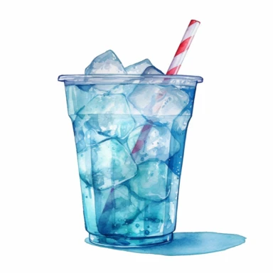 a watercolor clipart of an iced water in plastic cup, white background