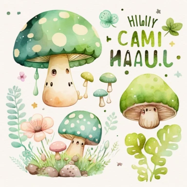 watercolor kawaii green mushroom clipart