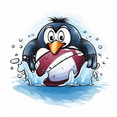 STYLE: clipart | EMOTION: funny| SCENE: penguin rugby on pack ice | TAGS: rugby ball | BACKGROUNG: iceberg | COLORS: black, ice blue