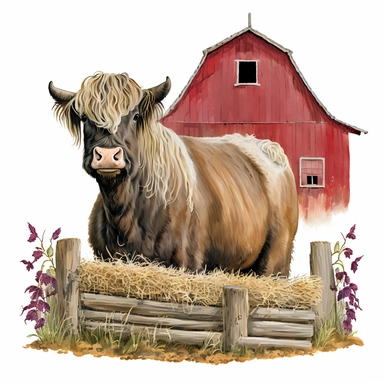 Highland Longhair Cow standing on a hay bale, with a red barn in the background, Watercolor, Clipart, sweet, cute, transparent background PNG