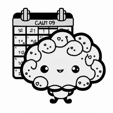 cute clipart of a kawaii calendar. Image shaped like a big brain. Beautiful, flat, cute manga style, black and white, brain shape image borders