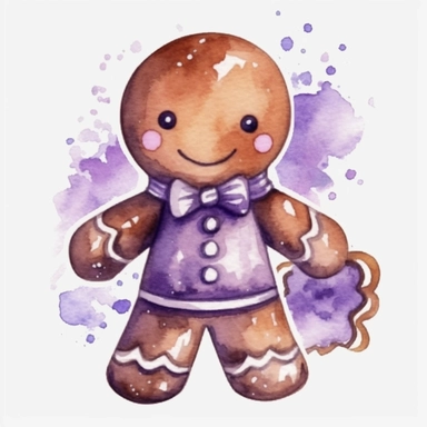 watercolor, Cute christmas gingerbread man watercolor clipart, dark purple color scheme, christmas style, isolated white background, single design, single object, print on demand image, PNG transparent background, white background for removing background - - no text shadow font