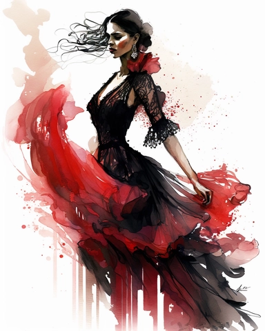 delicate watercolor pastel clipart of a flamenco dancer with sheer red and black dress--v 5