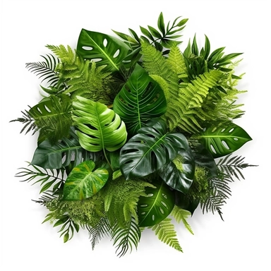 Tropical green leaves forest plant Monstera, fern, and climbing bird’s nest fern foliage plants floral bunch for wedding and ceremony decoration isolated on white background with clipping path.