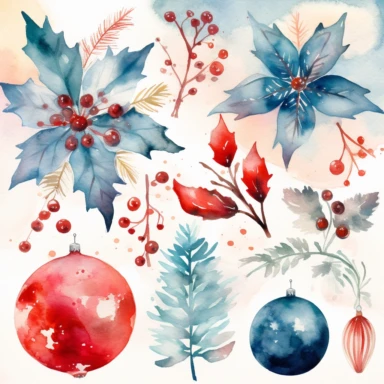 Design a collection of watercolor clipart images featuring elegant Christmas motifs such as snowflakes, stars, and ornaments. The images should have a sophisticated, upscale feel with clear lines and rich, luxurious hues. The clipart should be suitable for use in upscale holiday party invitations and other similar projects