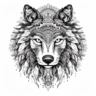 creative tattoostyle wolf clipart scribble, elaborate indian decor, white background