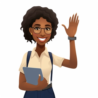 Clip art emoji of a happy dark skin tech savvy 20 year old college girl raising her hand to volunteer. White background, sparse colors, simple illustrations