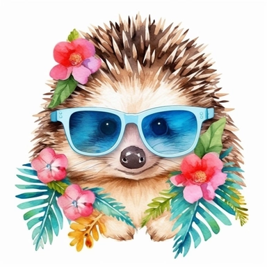 create a clipart featuring a cute hedgehog illustration, vibrant colors, watercolor, summer vibes, beach, Hawaiian vibes, hula, swim, drinks, realistic, minimal, against a white background