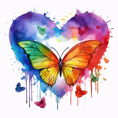 Cute Beautiful rainbow Heart And Couple Butterfly Watercolor Clipart,Cartoon, hyper realistic, intricate detail, illustration style,high solution,on the white background