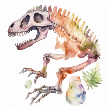 Watercolor dinosaur bones clipart, white isolated background, space out, hd