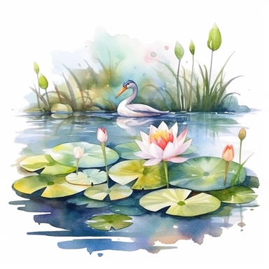 Watercolor Lily Pond Clipart, lily pad and frog pond, CLIPART, fish and birds