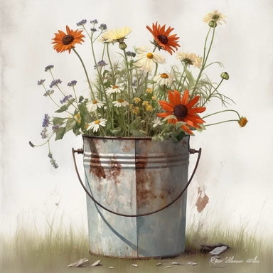 106340 watercolor for a clipart with a white background of wildflowers growing in a rusty metal bucket, hyperrealism, painted by Bo Bartlett