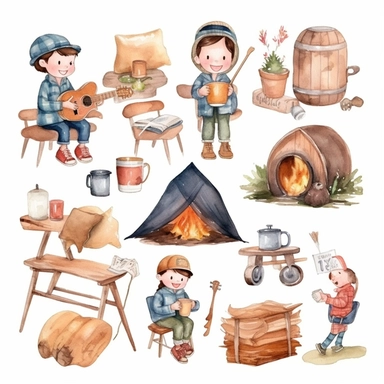 Watercolor boho camping illustrations clipart set, simple, soft colors, cartoon elements, different variants, cute little boy and girl sitting on trunk and toasting marshmellows , pots,mugs, bonfire with thick logs, teapot , separate elements with a margi