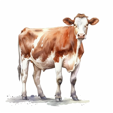 Brown and white mottled Ayrshire dairy cow, highly detailed, watercolor, clipart, illustration, white background, digital painting, paper crafting, no signature, no text