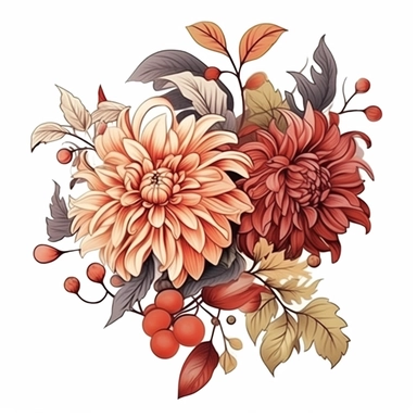 retro illustration of fall dahlias berries and twigs flowers and art nouveau details, professional clipart, soft boho color palette, inspired by sailor jerry tattoos, epic composition on white background, 8k