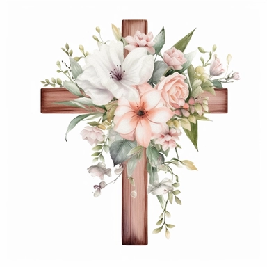 wooden cross, tiny flowers, white flowers, pink peonies, eucalyptus, watercolor, clipart, white background