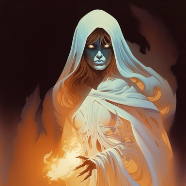 single dungeons and dragons type female ghost facing the lens, ethereal, clipart, light brown backround, clyde caldwell art