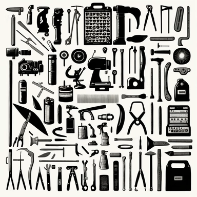 a black and white picture of various tools, a silk screen, fluxus, clipart, rows of tools, hammer, golf club, football, syringe, camera, drill, scissors, guitar, horn, axe, radio, sword, pliers, crowbar, airhorn, binoculars, blowtorch, shotgun, hockey stick, chainsaw, shovel, pitchfork, ladle, frying pan, creative commons attribution, business logo, (dark shorter curly hair), cogs:1000, 2010