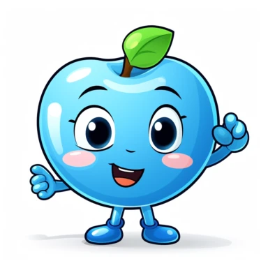 digital sticker, cute blue apple mascot character, strong use of color, cartoon clipart, vector, white background