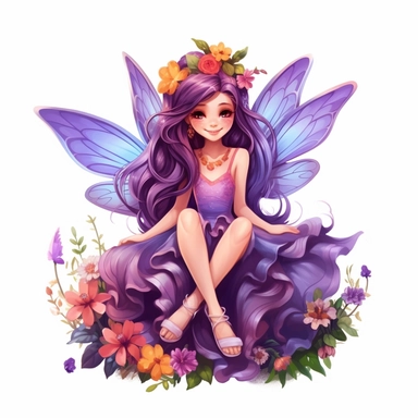 a beautiful smiling fairy girl sitting in flowers, big wings, purple dress, pixar style, full body image, clipart, white background