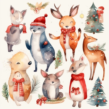 Create a set of watercolor clipart images with a whimsical Christmas theme. Include elements such as cute animals in festive costumes, playful elves, and magical Christmas scenes. The images should have a playful, lighthearted feel with clear lines and bright, cheerful colors. The clipart should be perfect for use in children's holiday crafts and other whimsical projects.