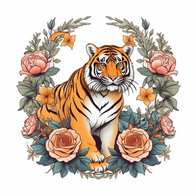 A retro illustration of prowling tiger surrounded with flowers and art nouveau details, professional clipart, beautiful summer color palette, inspired by sailor jerry tattoos, epic composition on white background, 8k,