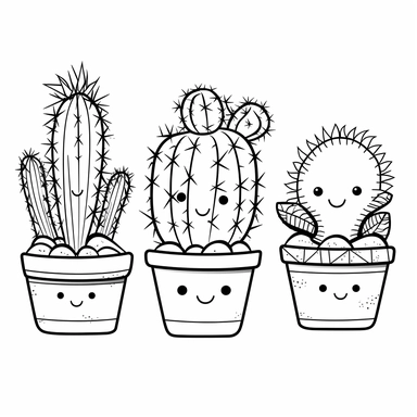 cute cactuses clipart, 2D , outline, black and white, coloring book for adults, no color, for kid, simple classic cartoon