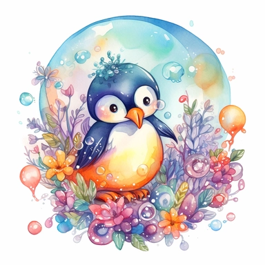 cute penguin sliding down an icy slope, playful dragon blowing bubbles with its nose, depicted in a whimsical, watercolor, surrounded by colorful flowers and butterflies. The mood of the artwork is cheerful and playful, with a soft pastel color palette. The lighting style is bright and sunny, evoking a warm and inviting feeling. clipart design graphic, vector, contour, super cute, isolated white background, high quality, 2d, flat