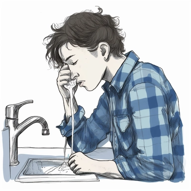drawing of a male teenager in the bathroom, washing his face in the morning. He is wearing blue plaid pajamas with a white t-shirt underneath. His hair is short and mussed up. Bedhead. The style is simplistic and used for clipart and thumbnail. Plain white background.