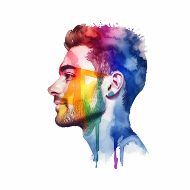 watercolor clipart pride flag painted on a mans cheek, watercolor, illustration white bg