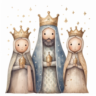 A watercolor painting of a cute nativity with 3 wise men holding gold, frankincense and myrrh, Christmas, cute detailed digital art, inspired by nicoletta ceccoli, by Kubisi art, whimsical and cute, by nicoletta ceccoli, cute detailed artwork, glimmering, adorable and whimsical, whimsical art, Clipart style, png style, svg style, blank white background, a solid white background