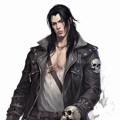 Disney shan yu from Mulan, grey skin, asian eyes, long black rocker hairstyle,grey leather jacket over a ripped grey shirt, skulls, gothic style, rock style, clipart, white background, by Kawacy