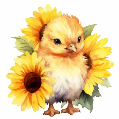Watercolor Sunflower Clipart Cute baby chick with Sunflowers, White Background, no text