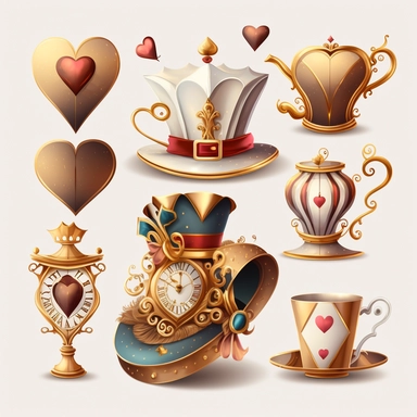 collection of hat , teapot,book, teacup, hearts cards, big crazy hat, gold melting clock , hourglass, queen of hearts , hearts paying cards vector clipart on white background