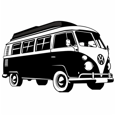 a simple fully black silhouette about a vw caravan car, clipart, white background