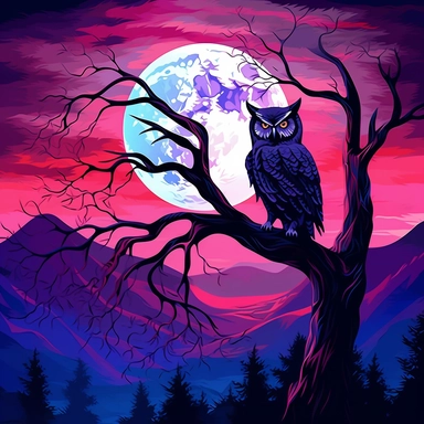 a large clipart owl in a tree silhouetted against mountains and a beautiful vibrant moon and blue and purple clouds