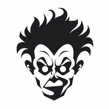 black and white silhouette of a halloween clown logo, clipart style, white background, thick lines, vector, simple design, flat colour, solid colour, halloweencore