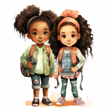 watercolor hand drawn ,Cute little African American girlschool , best friends ,with backpack and book, full body, Cartoon, Sublimation Clipart,illustration style, high solution, png transparent background, white background for removing background - - no text shadow font watermark