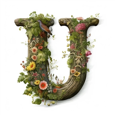 vintage letter U Made Of Tree with vines wrapped around, flowers. moss clings to, illustration clipart, high detailed, white background, digital art