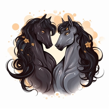 Cartoon black horse couple love portrait clipart, anime, high detail, illustration style, high solution, on the white background