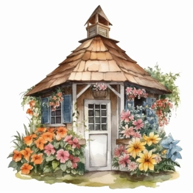 Vintage Flower Hut watercolor clipart, white background, hyper realistic