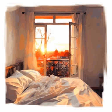 The morning sunlight shines into the window, and there is a bed in the room with oil paintings, White background, Clip Art Style