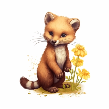 Cute Beautiful marten holding a flower Sublimation Clipart, Cartoon, hyper realistic, intricate detail, illustration style, high solution, on the white background